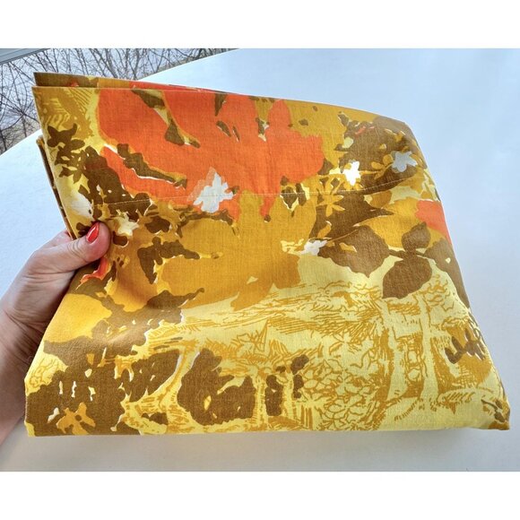 Vintage 70s flat sheet, orange, brown, yellow flowers, queen size, Pepperell - Picture 8 of 8